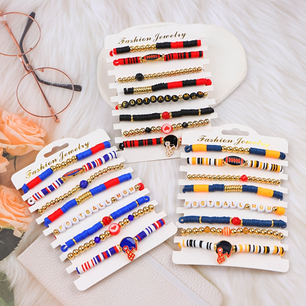 15 ta modali sport rugby mavzusidagi yurak shaklidagi yumshoq keramika ko'p rangli elastik to'plangan neytral bilakuzuklar tasodifiy jo'natilgan partiya - kundalik sovg'a berish uchun mukammal zargarlik aksessuarlari.