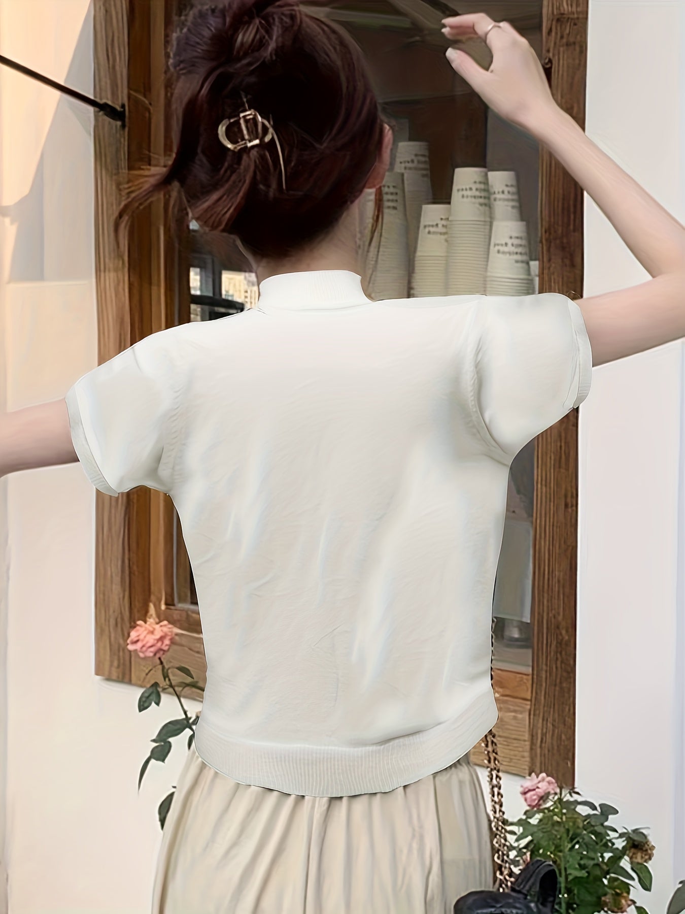 Suéter de punto sólido para mujer con cuello alto y manga corta, casual, ajustado, para todas las estaciones