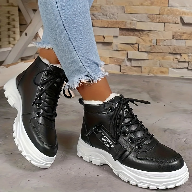 Women's High-Top Winter Boots with Rubber Sole and Plush Lining Black and White