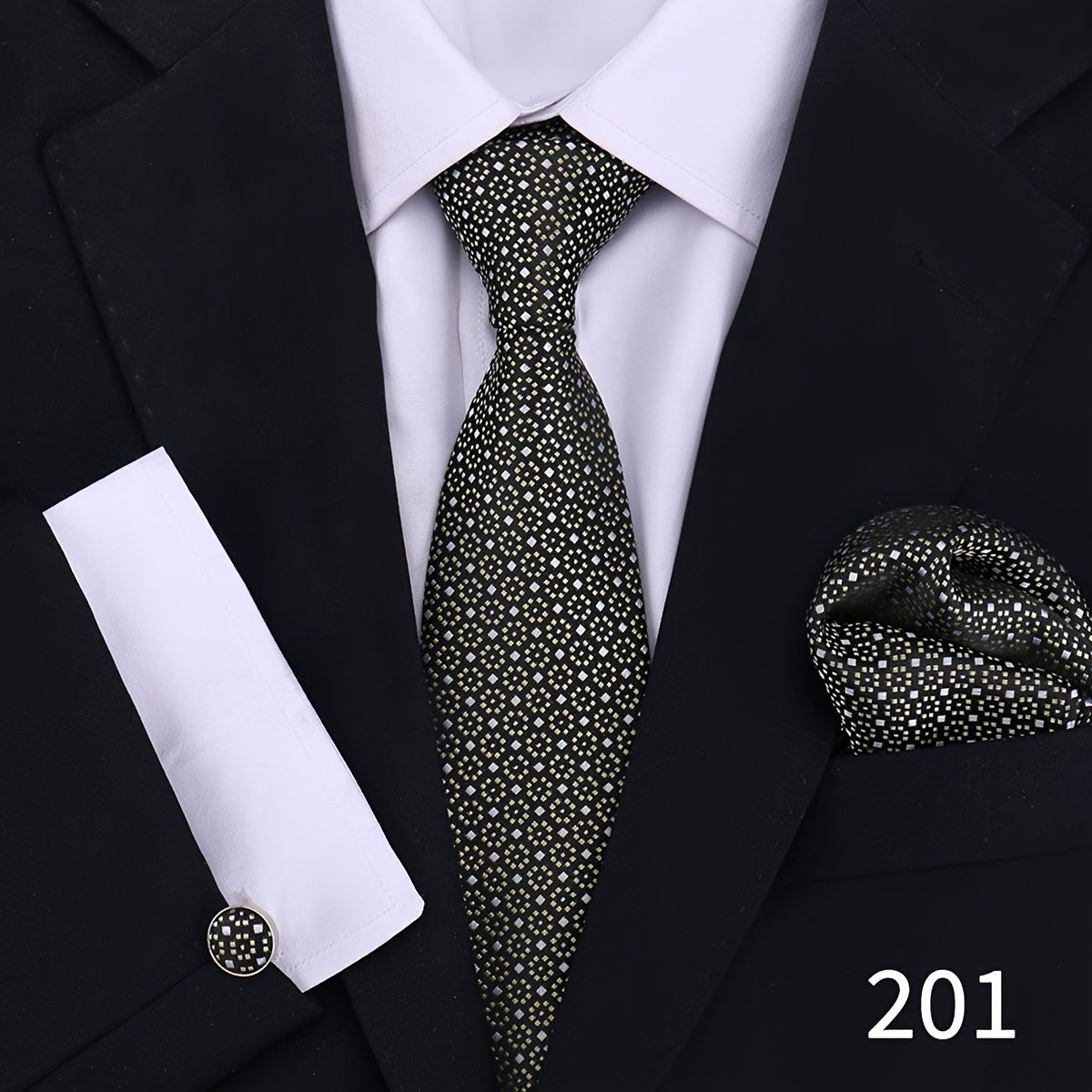 Men's Plaid Tie Set with Cufflinks and Handkerchief for Wedding and Formal Wear