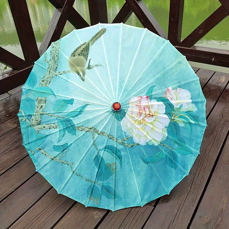Chinese Cherry Blossom Parasol Umbrella with Bamboo Handle for Sun Rain Protection Weddings Parties