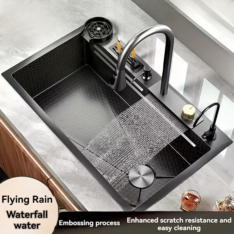 Glam Stainless Steel Kitchen Sink with Integrated Faucet No-Rim Drop-In Right Drain
