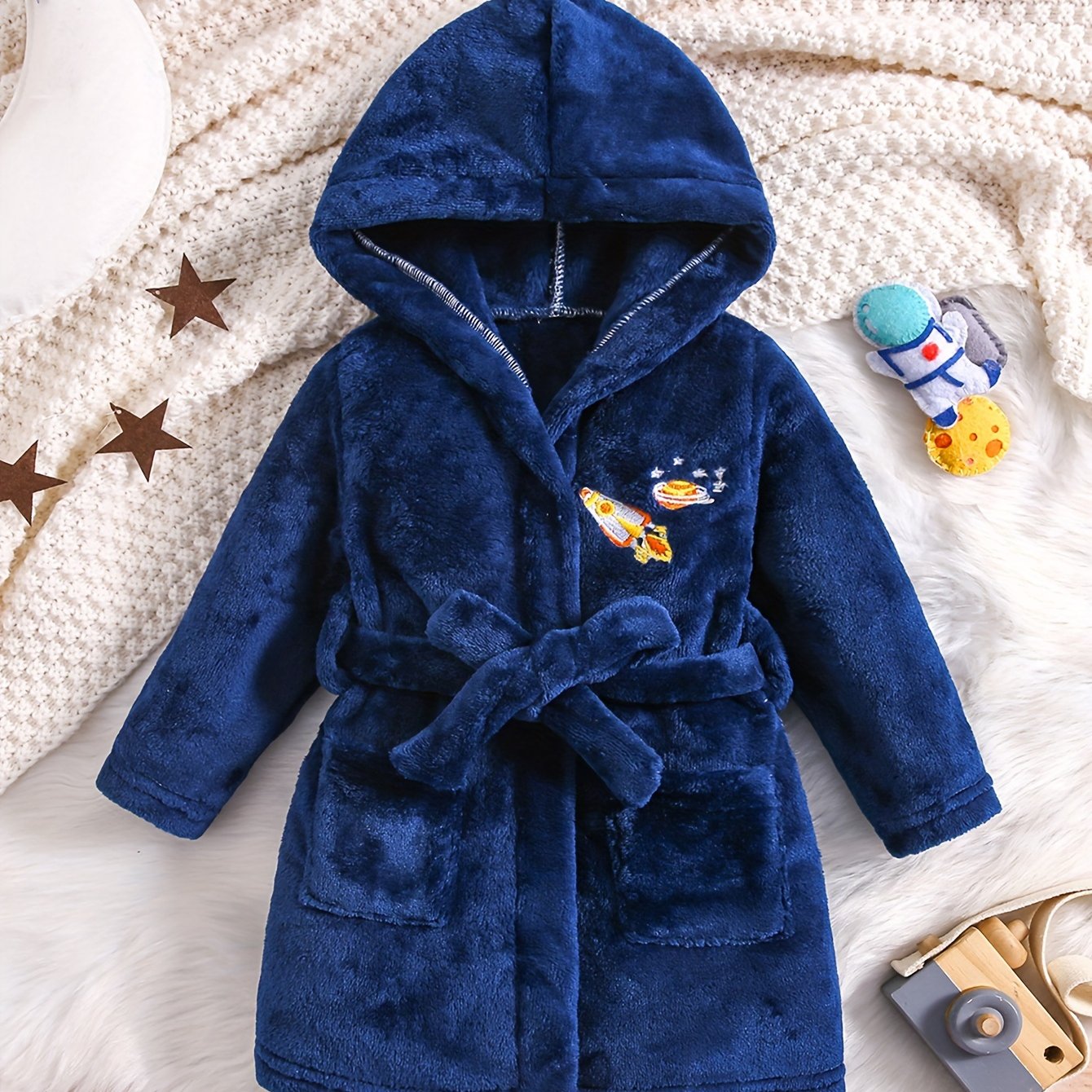 Kids Blue Flannel Hooded Bathrobe with Rocket Embroidery Cozy Thick Machine Washable