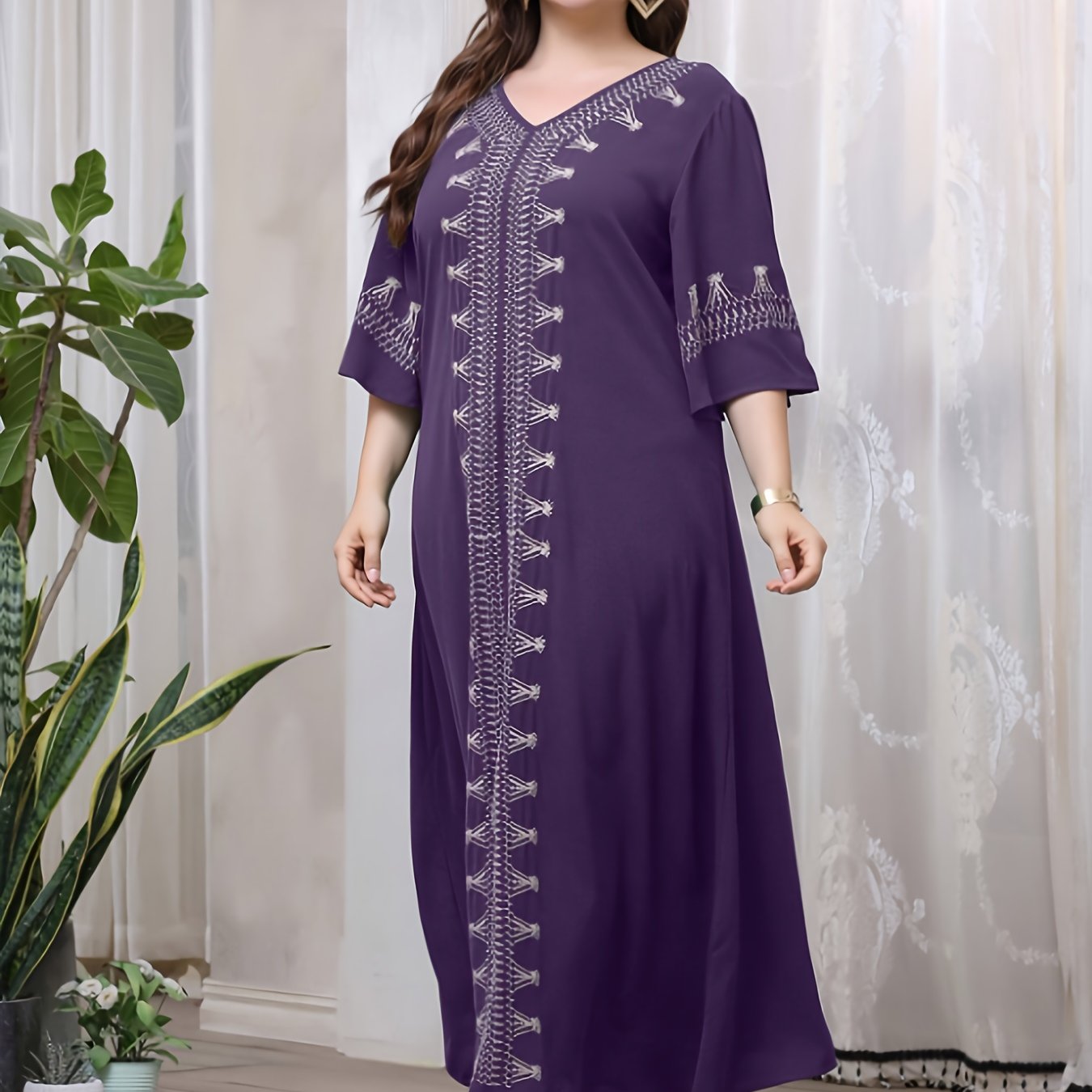 Plus Size Women's V-Neck Long Sleeve Casual Tribal Dress All-Season