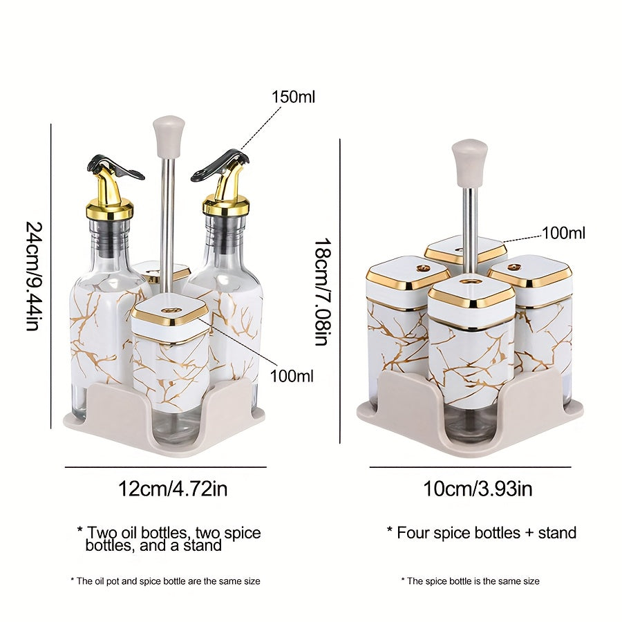 Glass Oil and Vinegar Dispenser Set with Salt and Pepper Shakers and Marble Stand