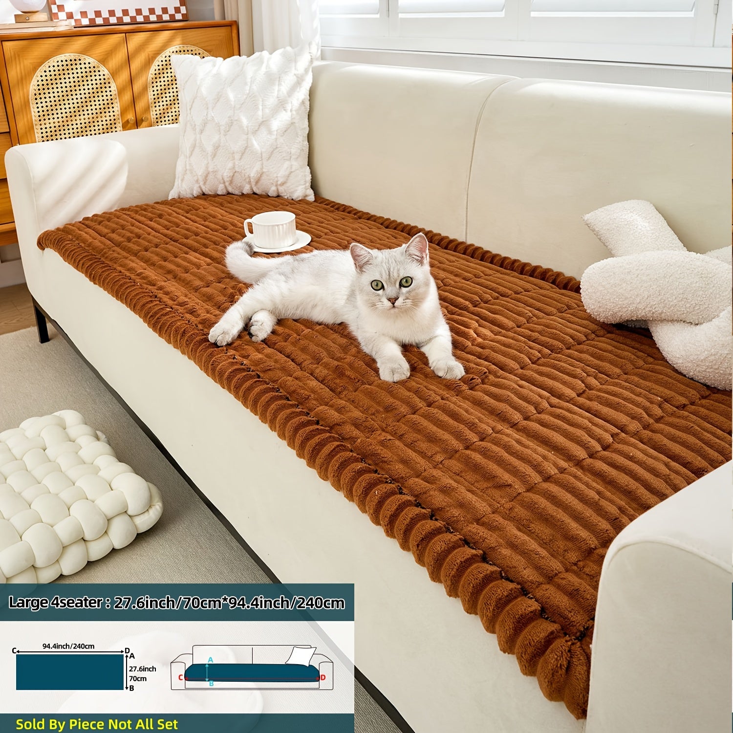 Boho Style Quilted Short Plush Sofa Cover with Ruffle Design Non-Slip Pet Friendly Machine Washable