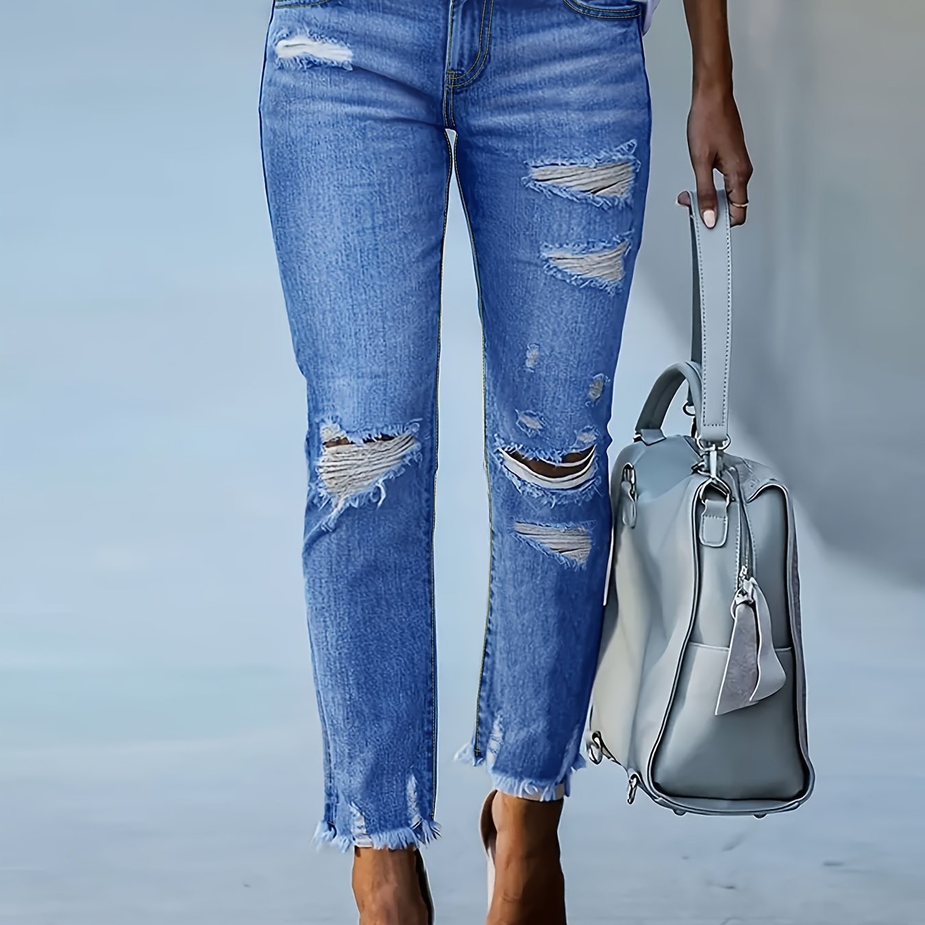 Женские рваные джинсы с необработанным краем и синие повседневные штаны