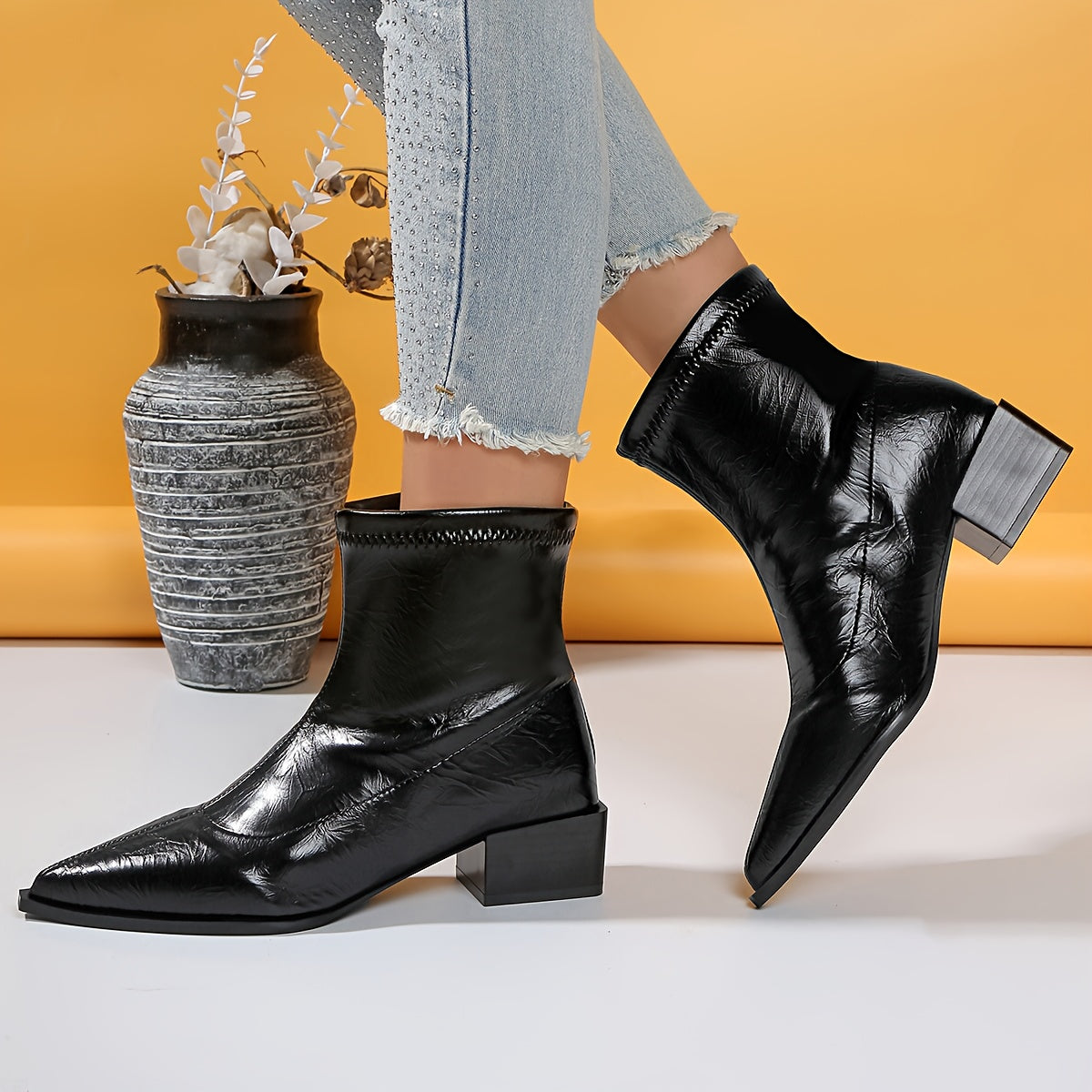 Women's Black Pointed Toe High Heel Boots Stylish Elegant