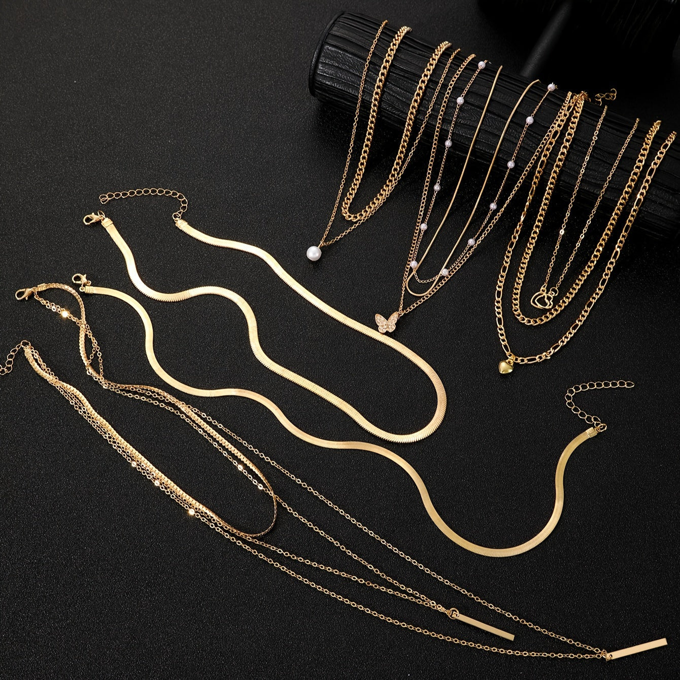 11-Piece Necklace Set with Imitation Pearls Rhinestone Butterfly Geometric Jewelry for Women