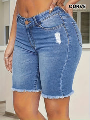Women's Plus Size High Waist Distressed Denim Bermuda Shorts Frayed Hem