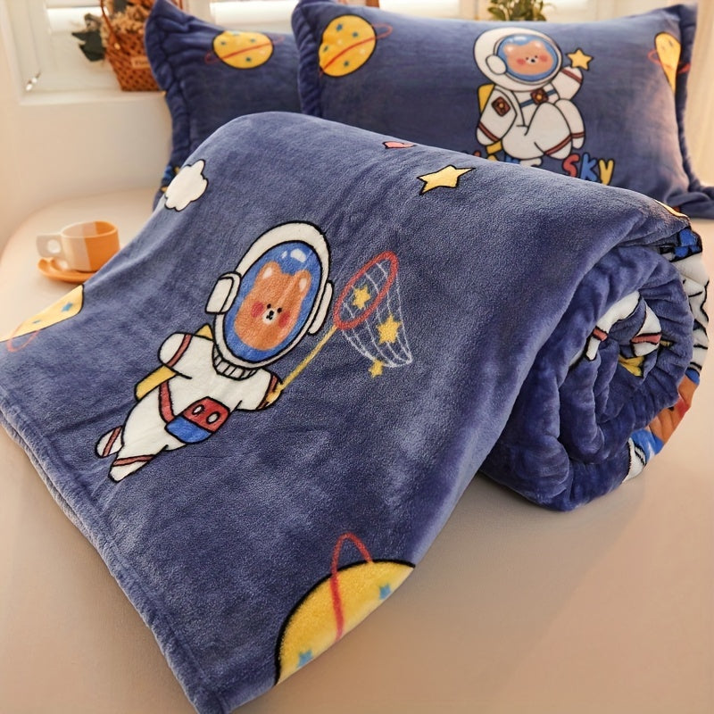 Cozy Flannel Blanket with Cartoon Print for Couch Bed Travel and Camping
