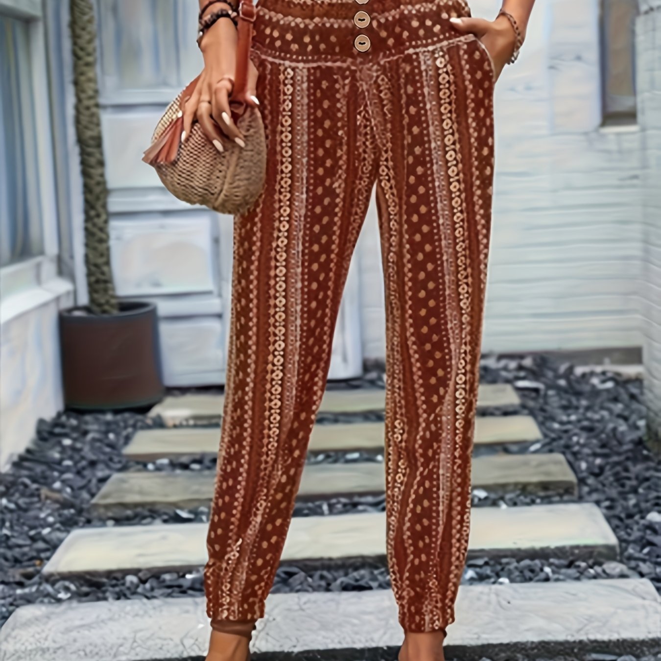 Pantalones de pierna ancha con estampado bohemio de talla grande para mujer, ajuste suelto con cintura elástica