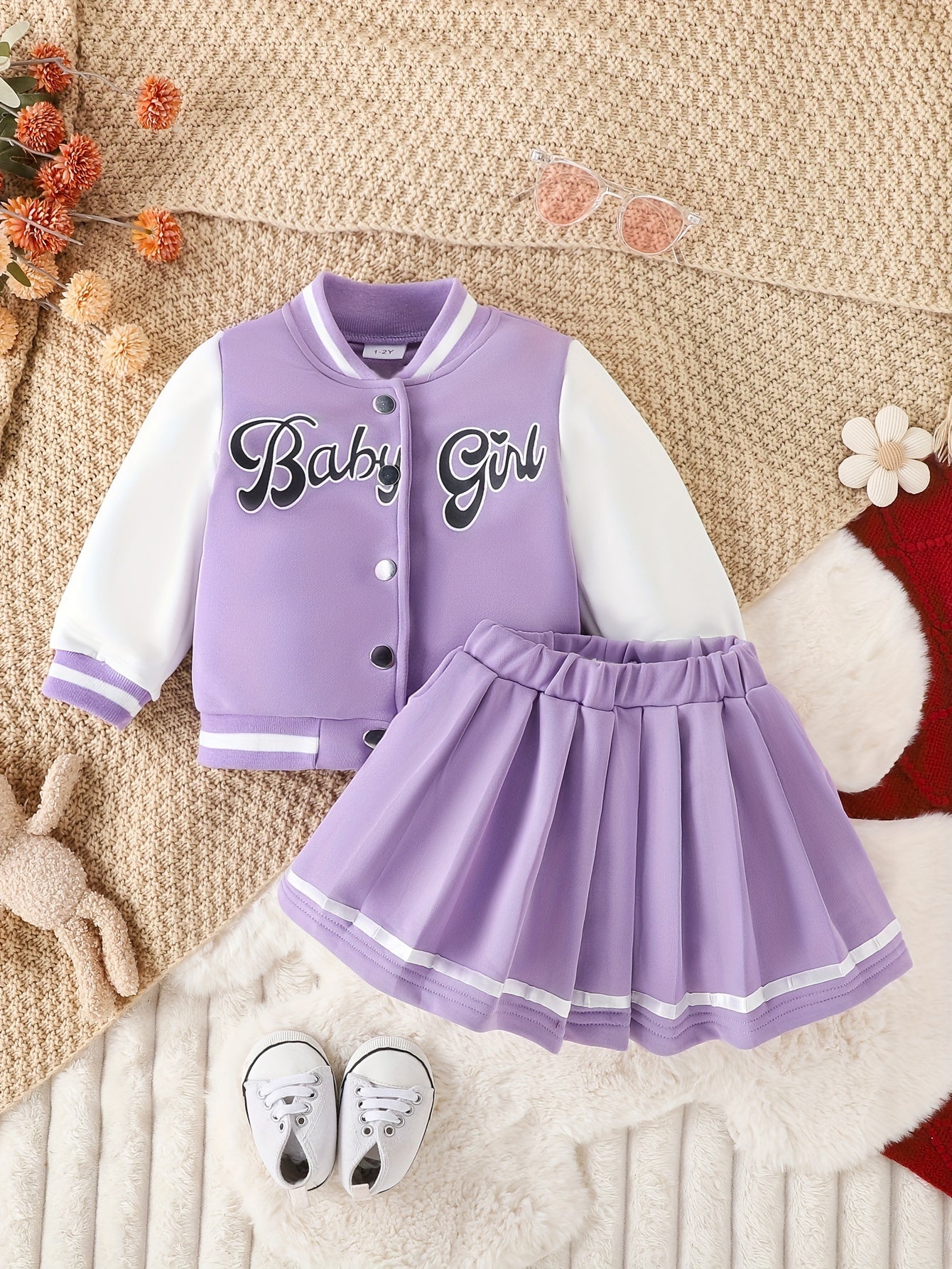 Girls Baby Girl 2-Piece Baseball Jacket and Pleated Skirt Set Fall Winter Cotton Blend