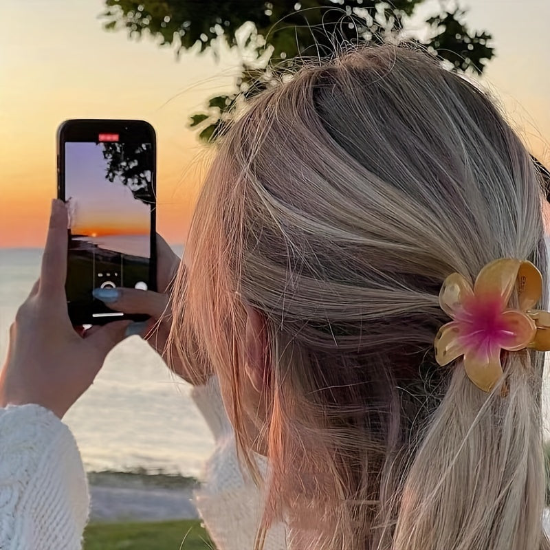 Set of Six Floral Hair Claw Clips for Women with Gradient Color Flower Shapes and Plastic Hair Grips