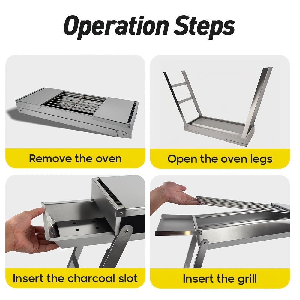 Stainless steeldan tayyorlangan portativ bukadigan barbekü grill, 23.62 dyuymli grill va ikki eshikli ziravorlar uchun idish. Qora saqlash sumkasi bilan ta'minlangan, ochiq havoda barbekü uchun 2-3 kishi uchun mos.