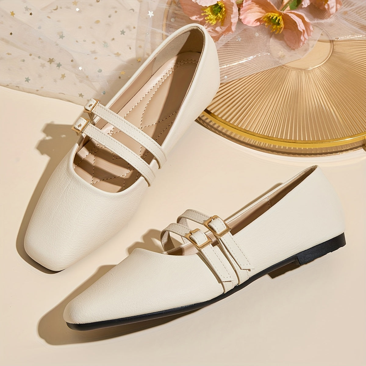 Women's Casual Flat Shoes White Gold Buckle Comfortable Slip-On