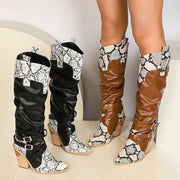 Женские сапоги-казаки с змеиной текстурой, на высоком каблуке, с заостренным носком, зимние, прочные