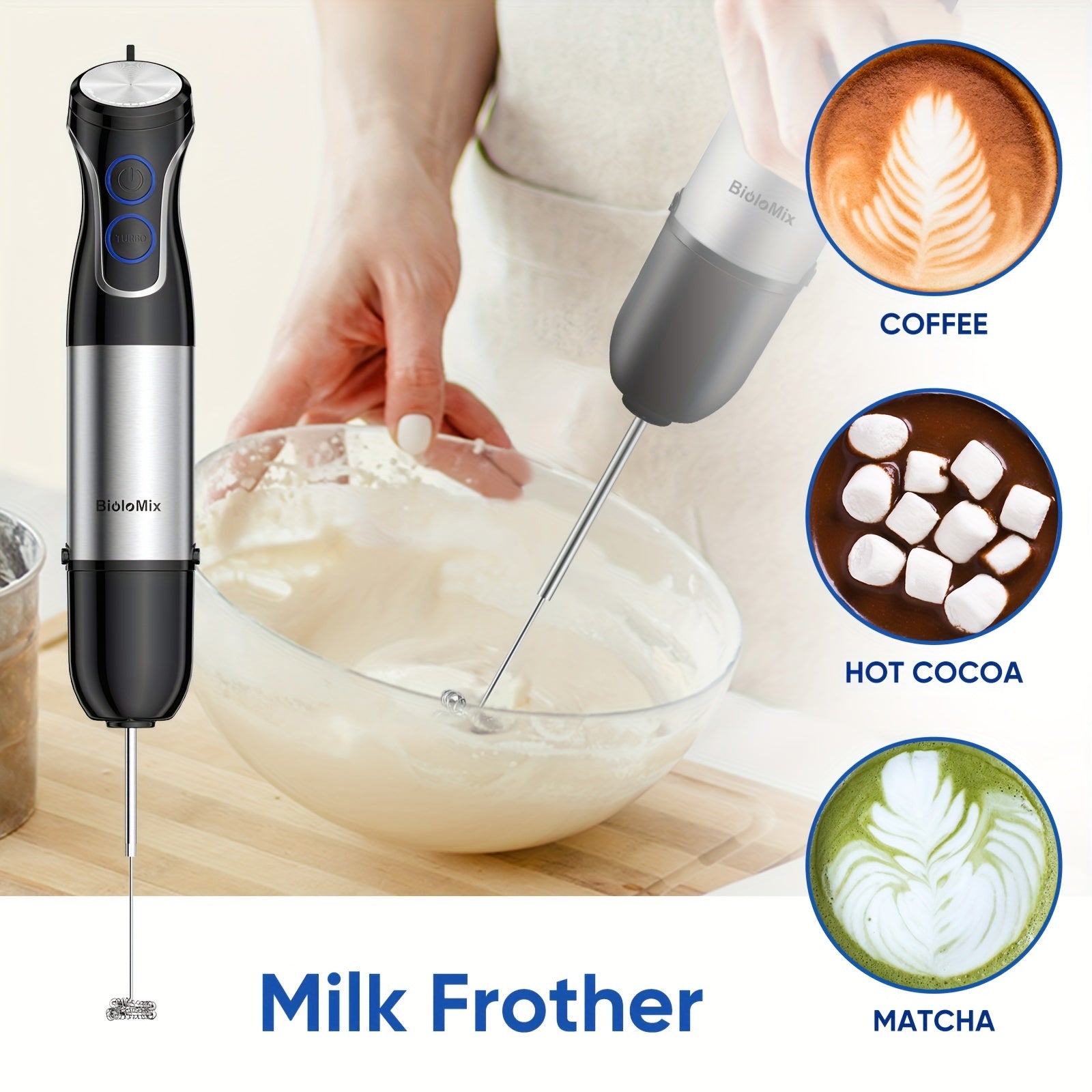 5-in-1 Handheld Immersion Blender 1500W Stainless Steel with Egg Whisk Milk Frother Chopper and Smoothie Cup