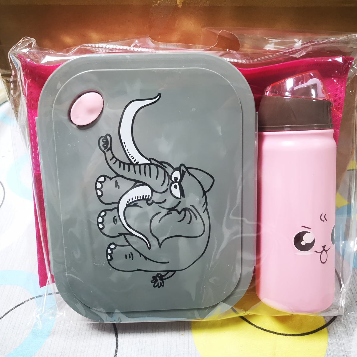 Elephant Theme Portable Bento Lunch Box Set With 400ml Water Bottle And Spoon
