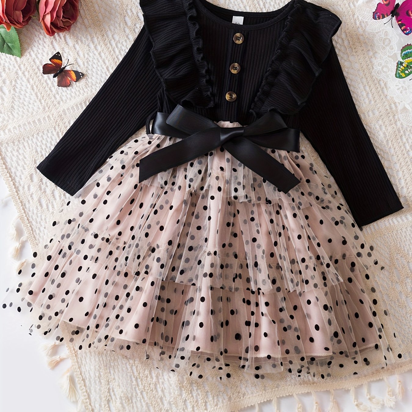 Kids Girls Summer Polka Dot Tulle Princess Dress A-Line Fairy Style Button Accents Non-Stretch Polyester
