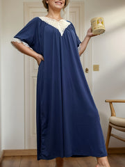 Plus Size Women Lace Trim Short Sleeve Nightgown Soft Stretchy Fabric All-Season Sleepwear