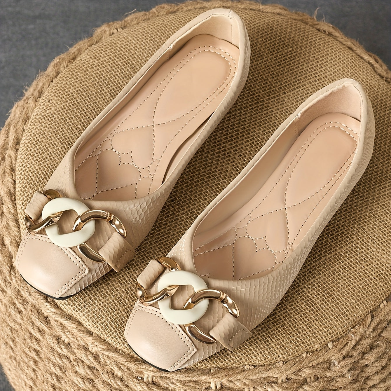 Women's Beige Slip-On Flats with Gold Chain Decor, Anti-Slip, Square Toe