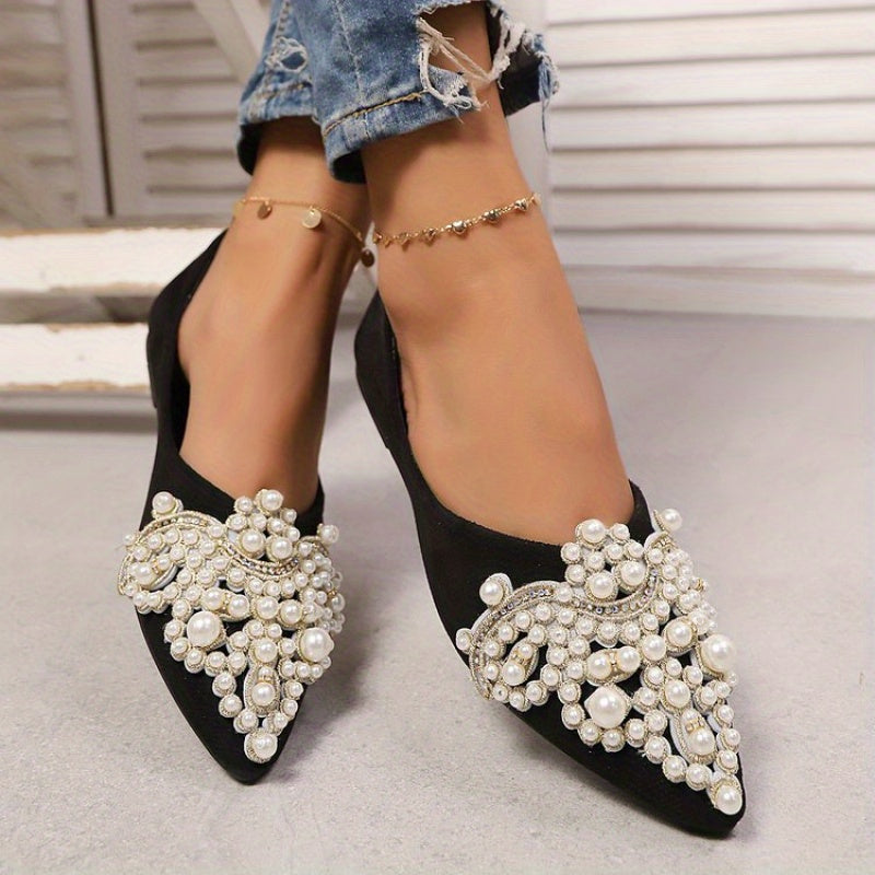 Zapatos planos de punta puntiaguda para mujer con adornos de perlas y strass en tela negra