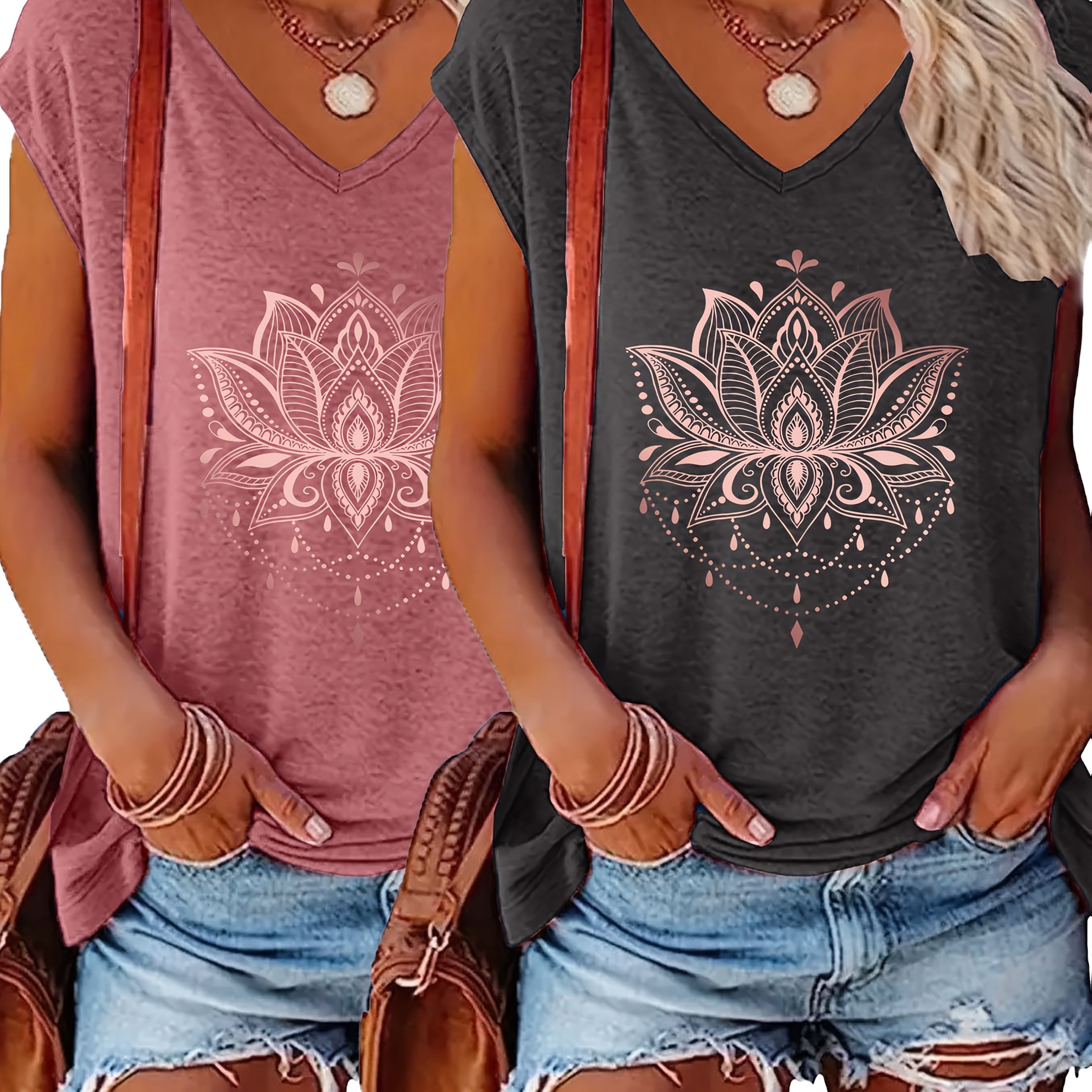 Plus Size Women's V-Neck T-Shirts Set with Floral Print Short Sleeve Casual Tops