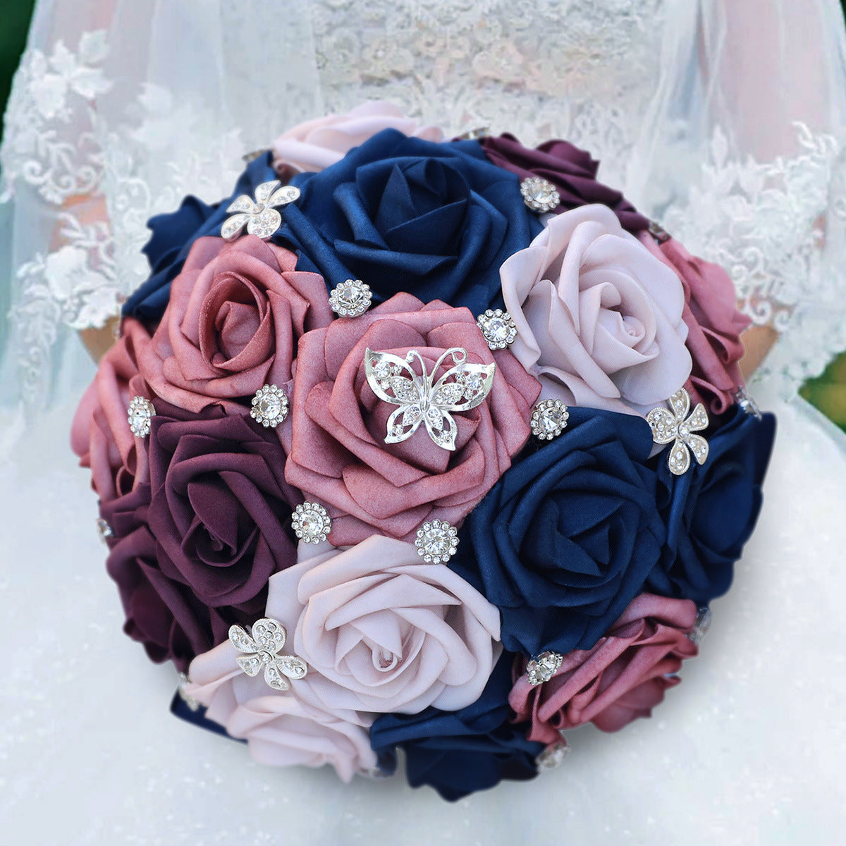 Handcrafted Bridal Bouquet Satin Flowers Rhinestones Pearls for Weddings and Events