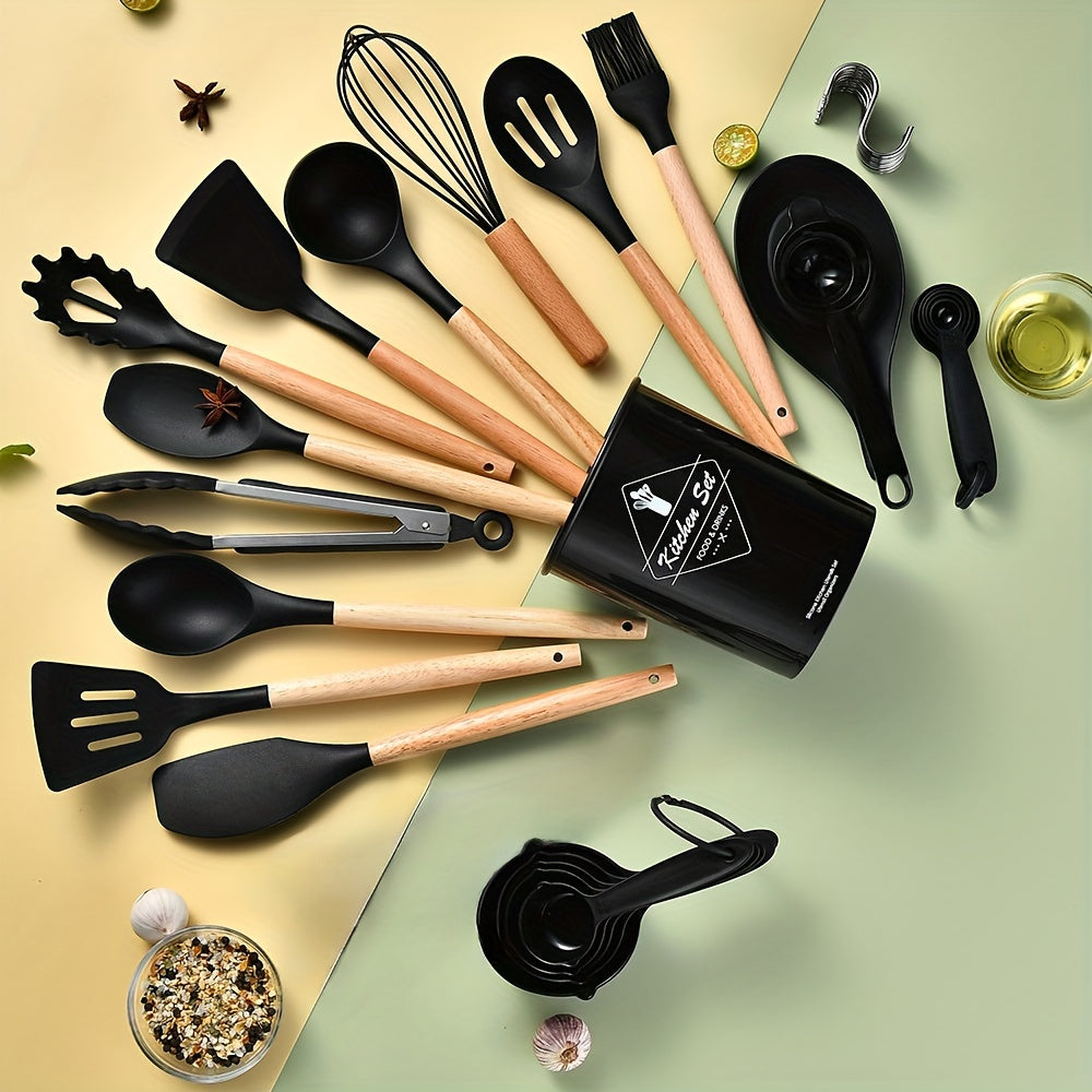 34-Piece Silicone Kitchen Utensil Set Heat-Resistant Non-Stick with Wooden Handles