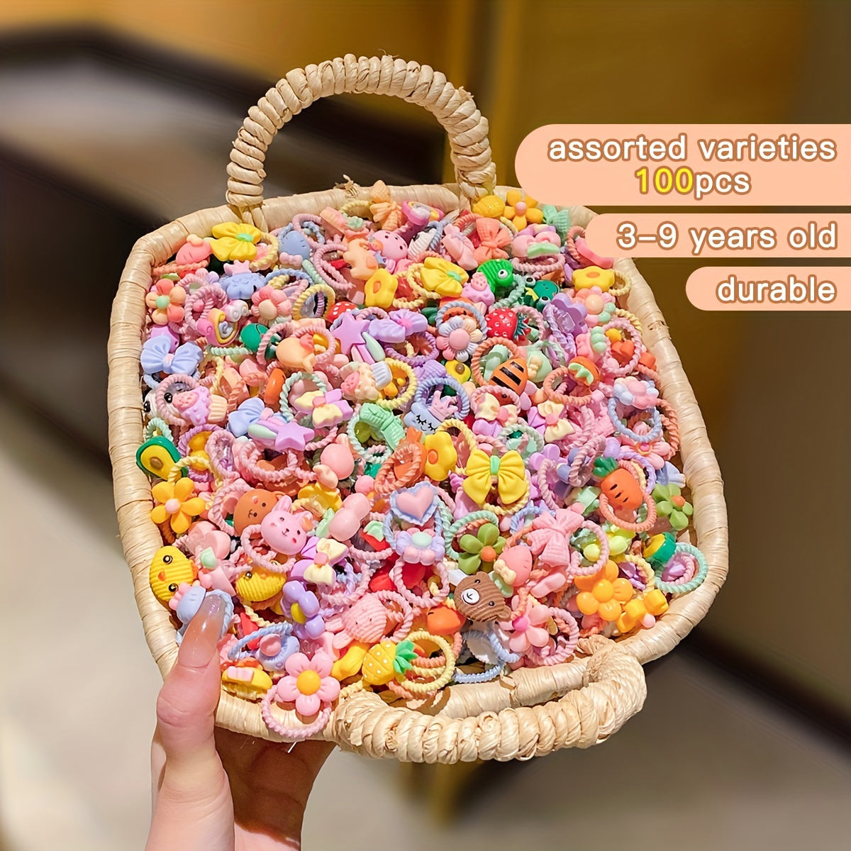 Anillos de pelo con hilos de dibujos animados coloridos para niños de 3 a 14 años, accesorios de resina, paquete de 100