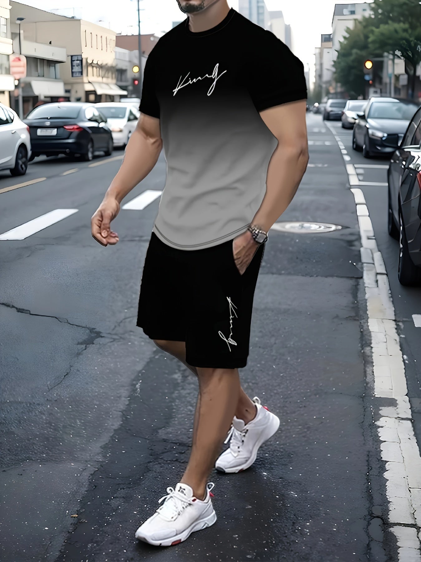 Men's Two-Piece Athletic Outfit Summer Casual T-Shirt and Shorts Polyester Stretch Printed