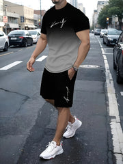 Men's Two-Piece Athletic Outfit Summer Casual T-Shirt and Shorts Polyester Stretch Printed
