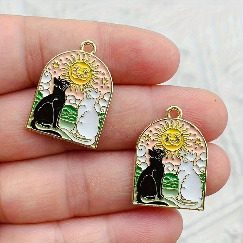 Set of 8 Sun and Moon Cat Charms Enamel Gold Plated Jewelry Pendants for DIY Necklaces and Earrings