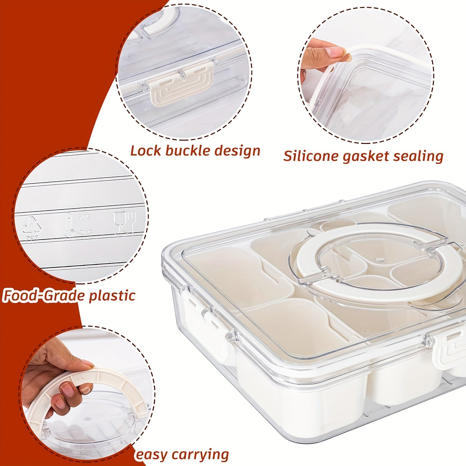Single Serving Snack Tray with Lid Handle and Divider for Parties