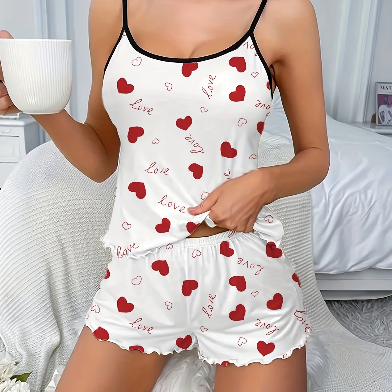 Women's Sleepwear Set Heart Print Frill Trim Backless Cami Top Elastic Shorts