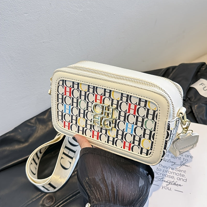 Korean Style Crossbody Bag with Contrast PU Shoulder Strap and Letter Print