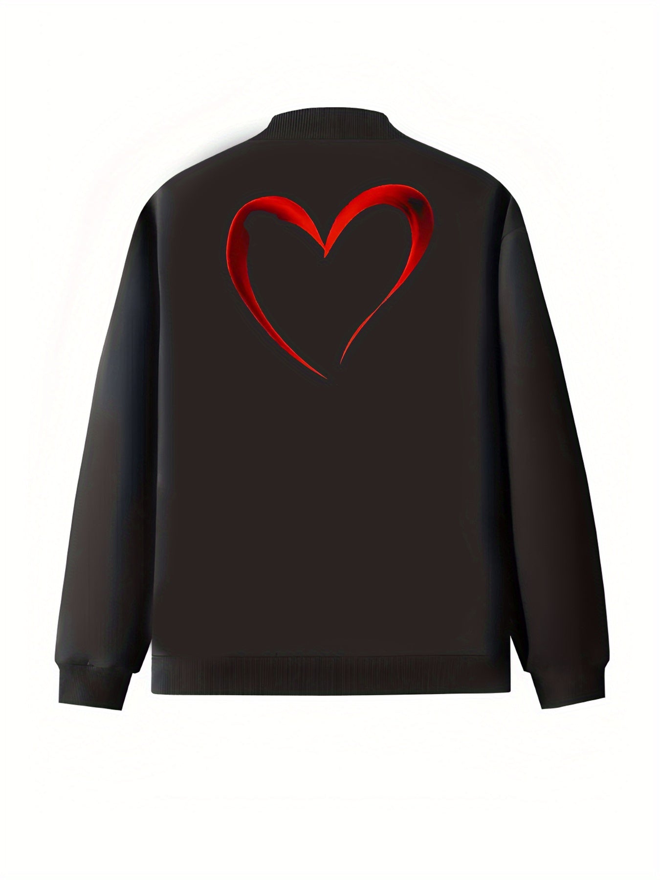Women's Black Jacket with Red Heart Casual Baseball Collar Outerwear