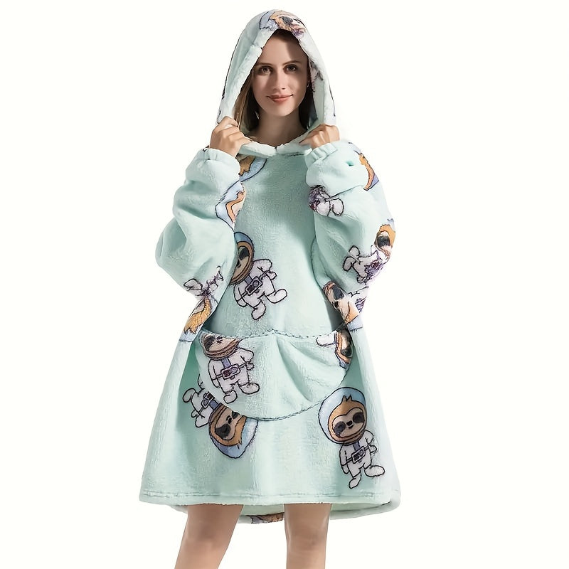 Hooded Fleece Blanket Robe for Adults Cozy Wearable Lounge Wrap