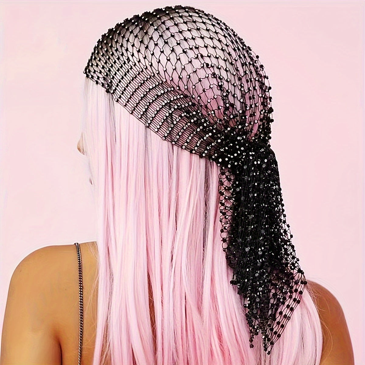 Black Rhinestone Fishnet Headband Y2K Party Decor Veil Cap for Women