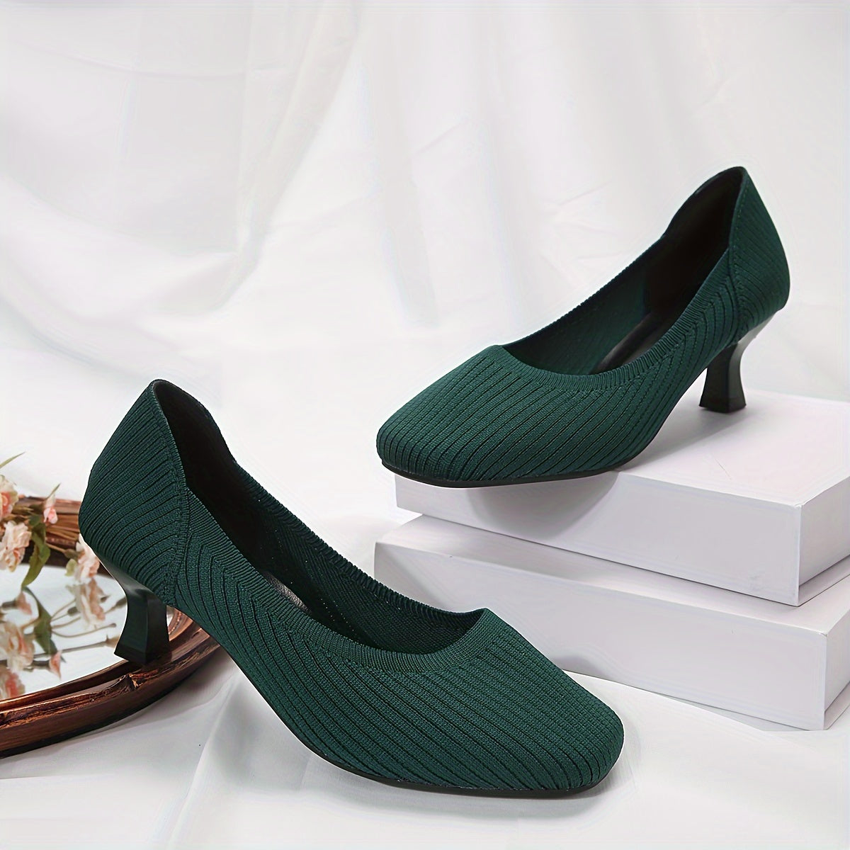 Women's Knitted Slip-On Mid Heels Solid Color Comfortable Work Shoes