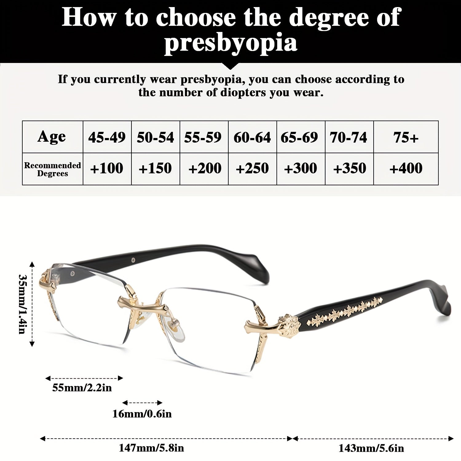 Vintage Style Rectangle Reading Glasses Frameless Clear Lenses +1.0 to +4.0