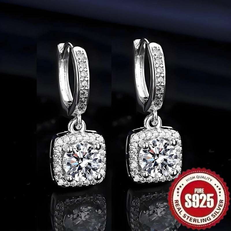 Sterling Silver Square Pendant Earrings with Synthetic Zirconia Retro Elegant Design