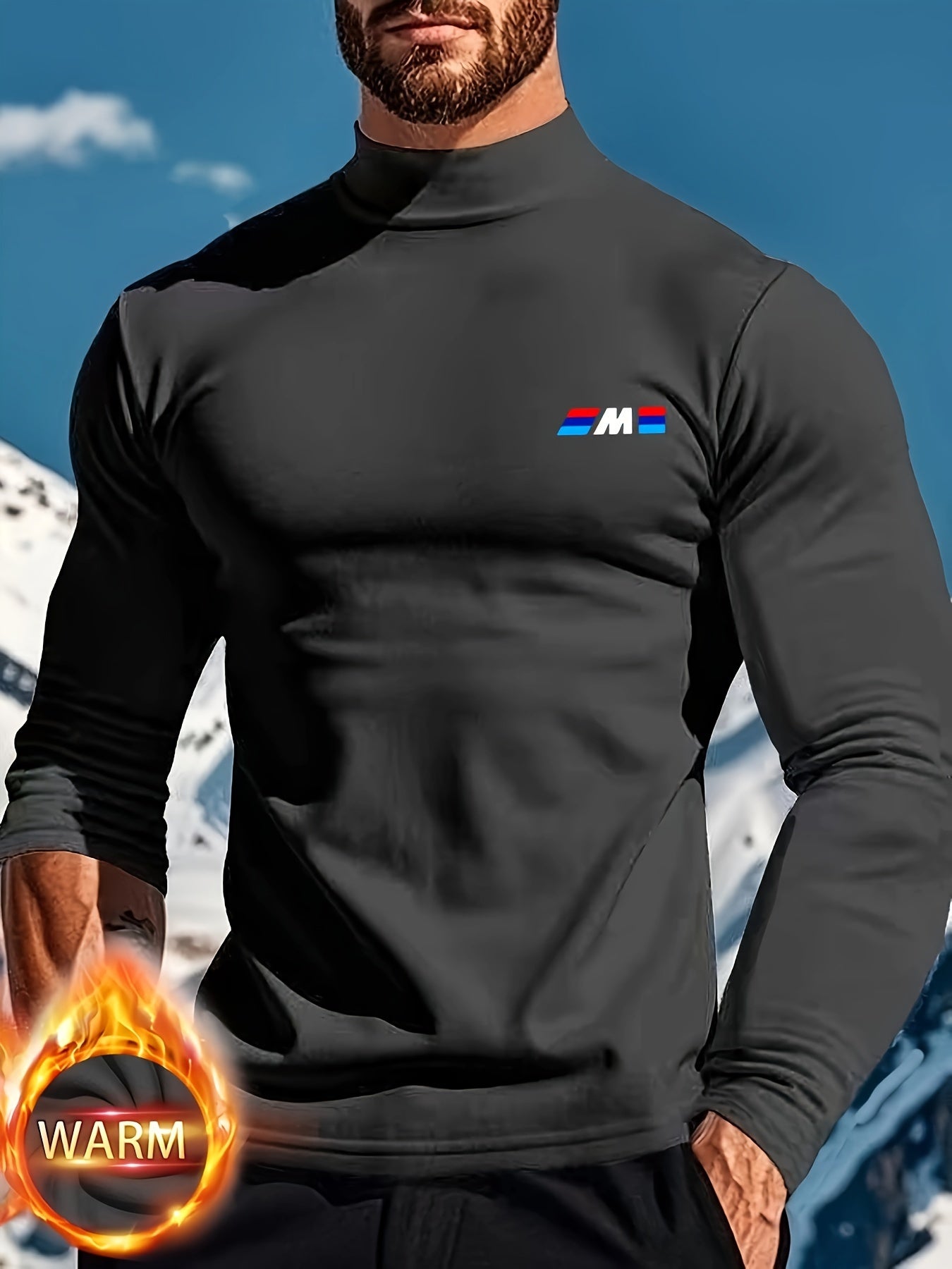 Men's High-Neck Thermal Top Slim Fit Long Sleeve Polyester Spandex Casual Outdoor Sports