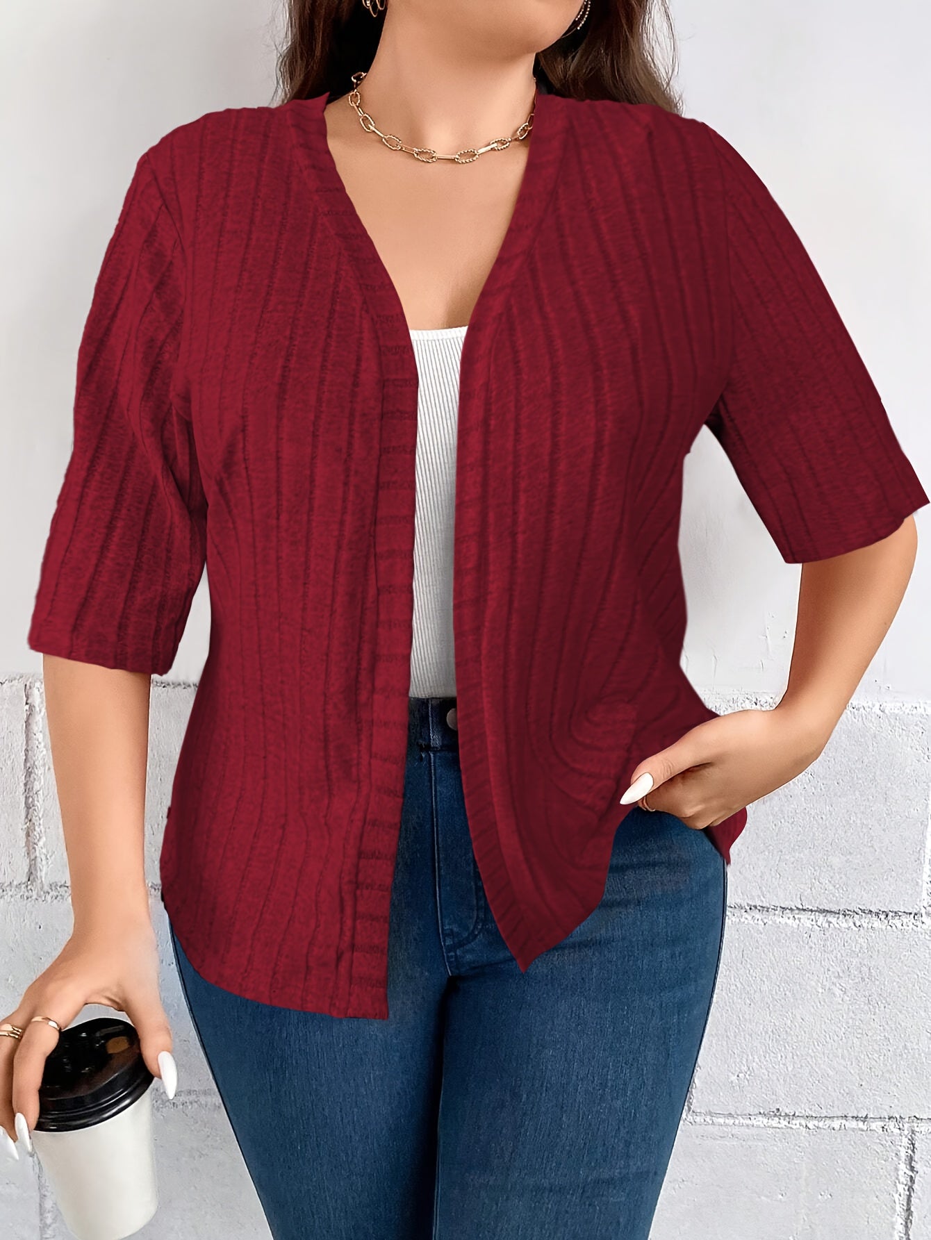 Plus Size Women's Solid Color Open Front Cardigan Fall Spring Knitwear
