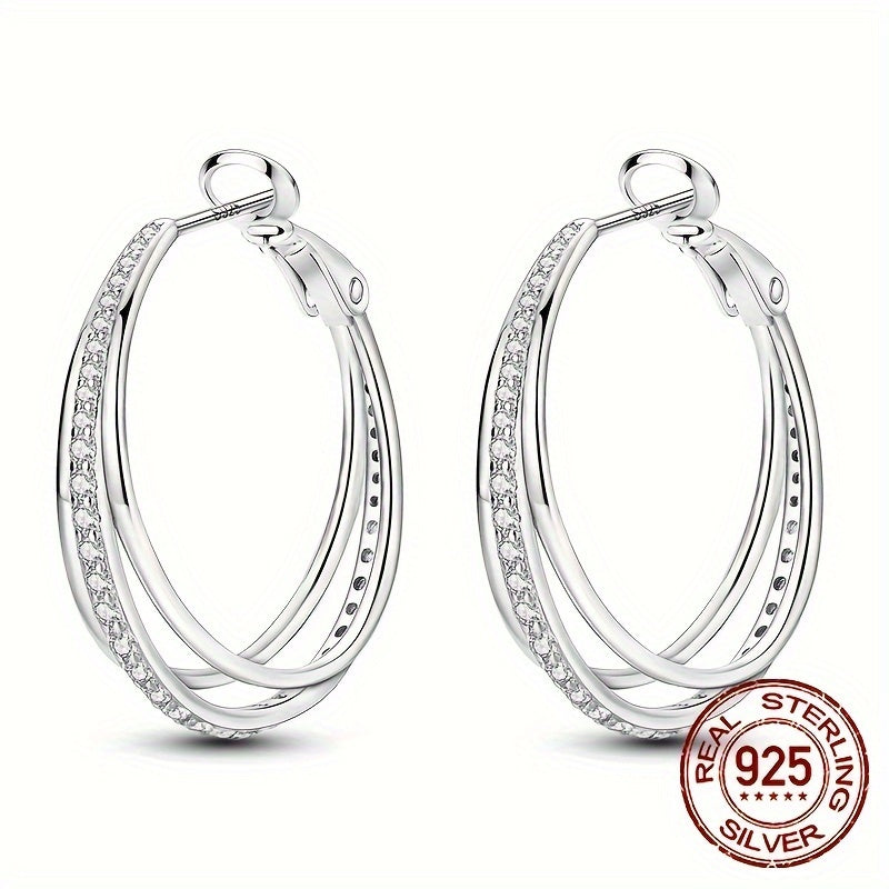 Sterling Silver 925 Earrings with Three Hoops and Zirconia for Women