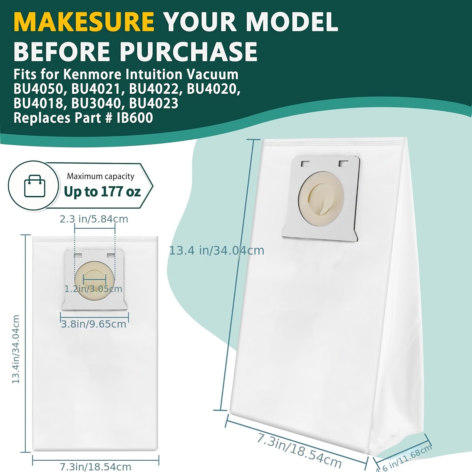 Kenmore Intuition yuqori sifatli HEPA changyutgich sumkalarining oltita dona qismi. Ushbu bardoshli nonwoven sumkalar changni yig'ish uchun mukammal bo'lib, BU4050, BU4021, BU4022, BU4020, BU4018, BU3040 kabi barcha Kenmore modellari bilan mos keladi.