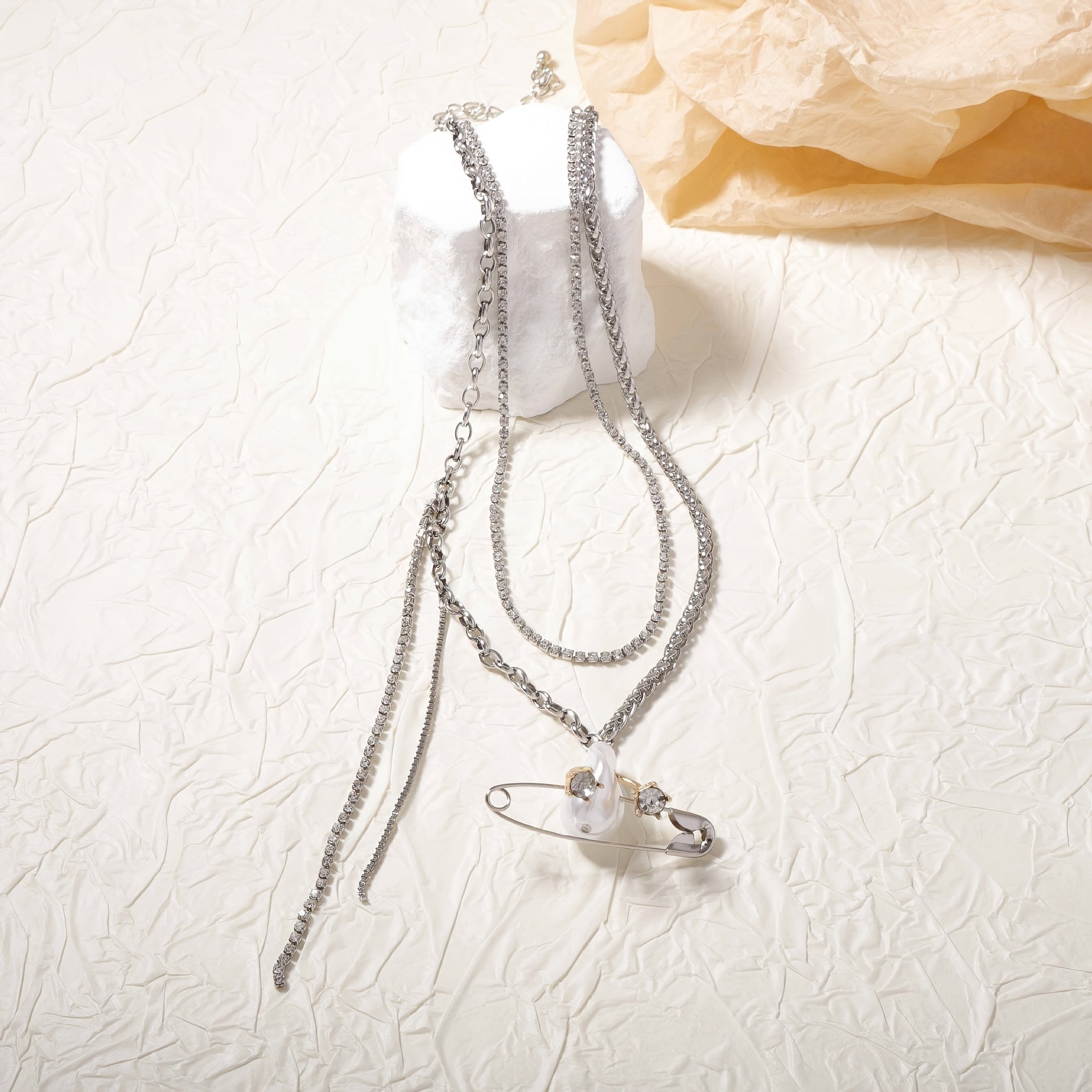 Asymmetrical Chain Pendant Necklace with Zirconia and Faux Pearl Accents