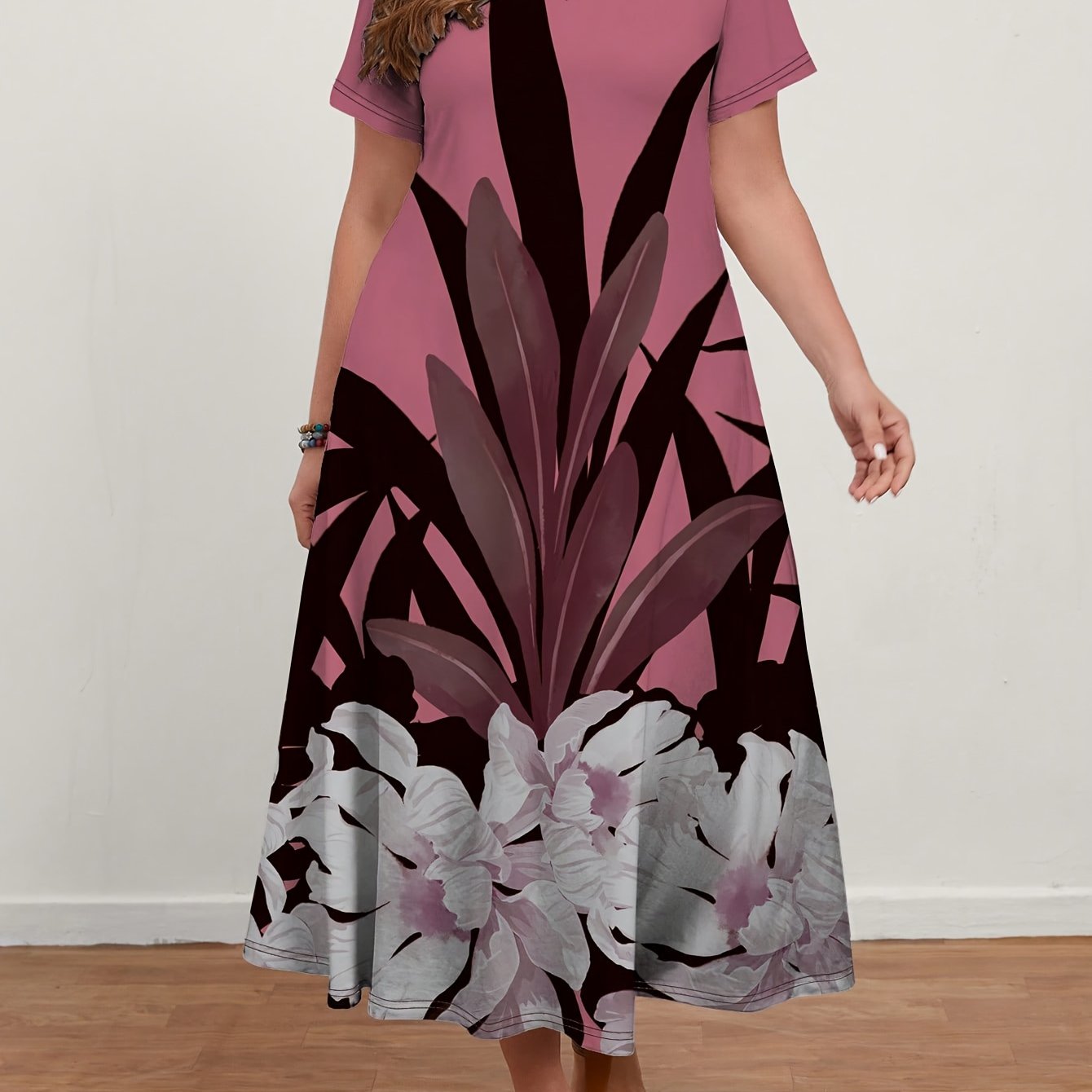 Plus Size V-Neck Dress with Plant Print Polyester Blend for Spring and Summer