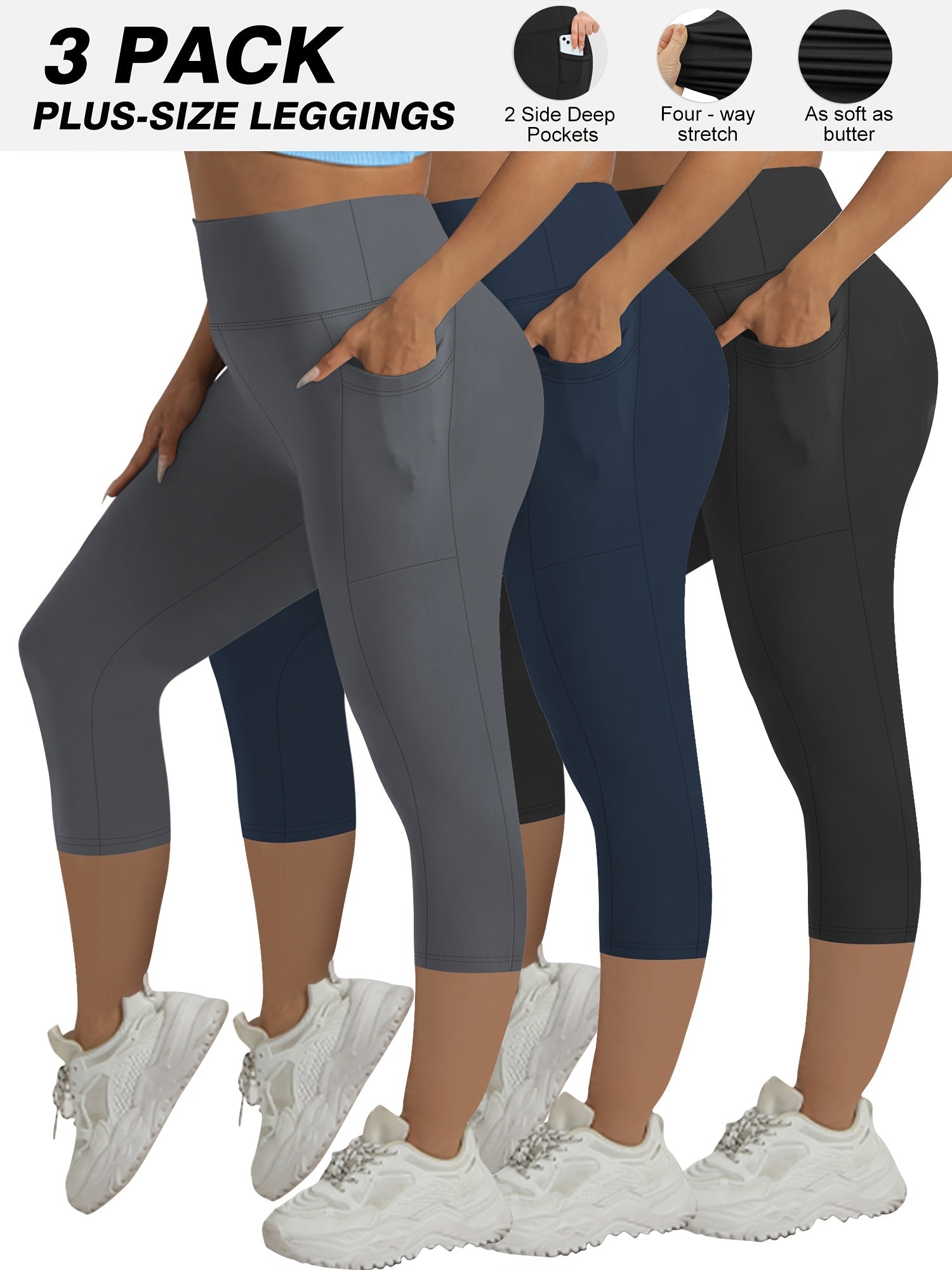 Plus Size Women's High-Waisted Tummy Control Capri Leggings 3-Pack